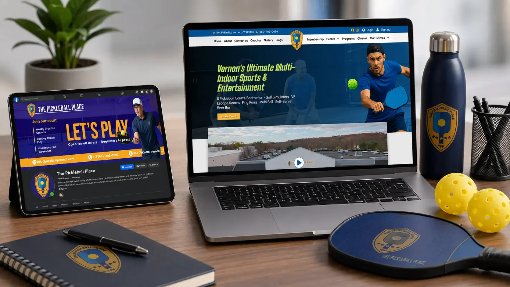 The Pickleball Place website by zohlink shown on a tablet and laptop